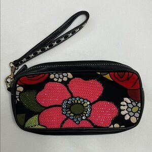 Isabella Fiore Boho Floral Beaded Wristlet Black Bright Hot Pink Zip Closure